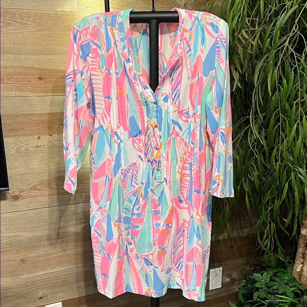 Lilly Pulitzer Pink Multi-Print Button Front Midi Tunic Dress